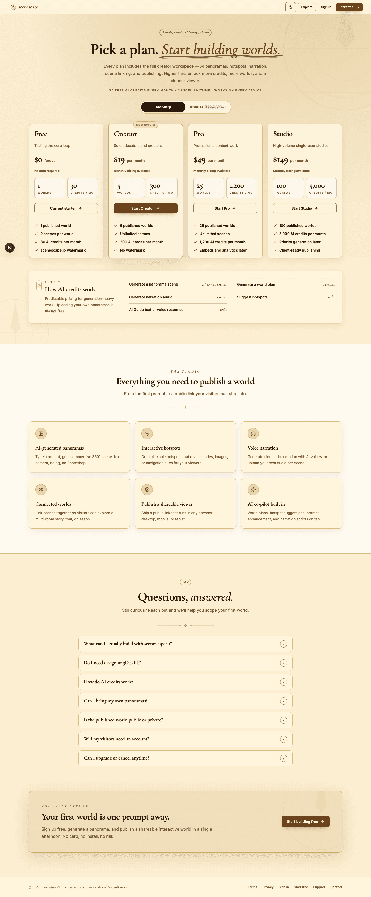 The pricing page with plans and credit information.