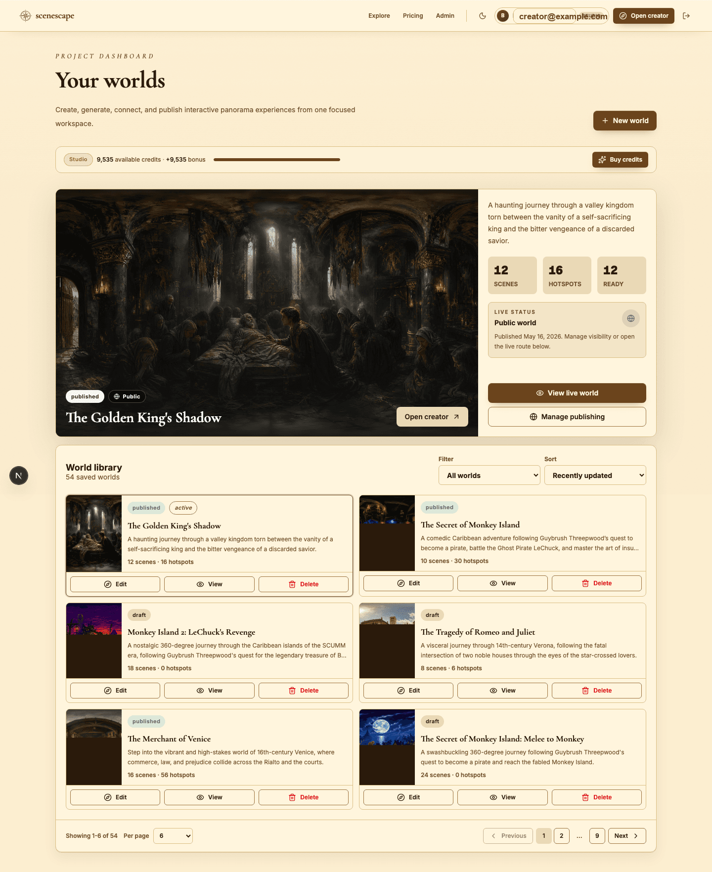 The Studio dashboard with worlds, credits, and library controls.