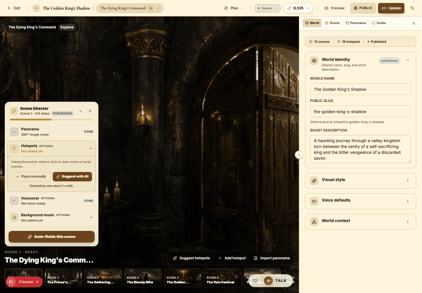 The builder inspector with world, scene, panorama, and guide tabs.