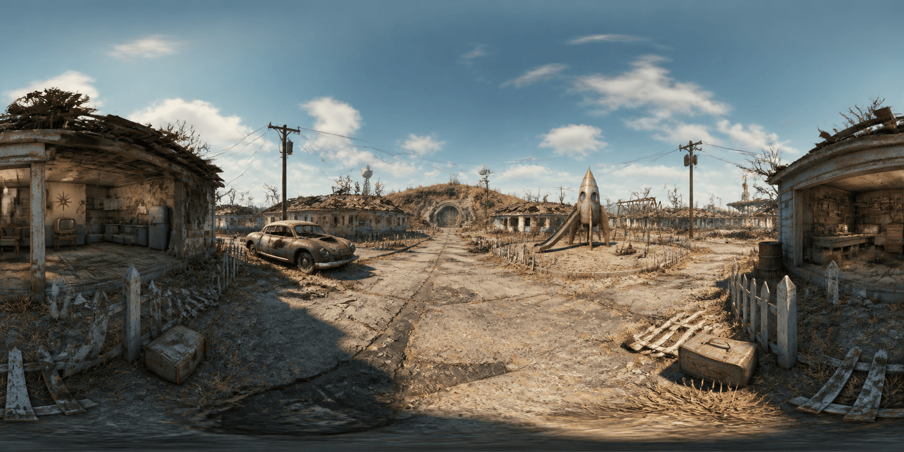 A panorama from the world The Atomic Brink — suburban ruins after a nuclear strike